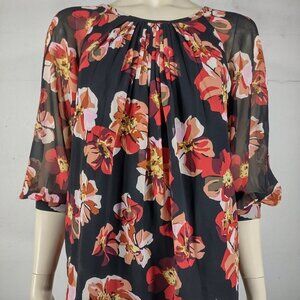 Madewell black red pink white floral sheer layered keyhole back blouse ladies XS